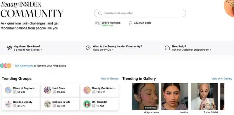 Screenshot of Sephora’s Beauty Insider Community page showing trending groups, community posts, and member activity, with user-generated photos displayed in the gallery.