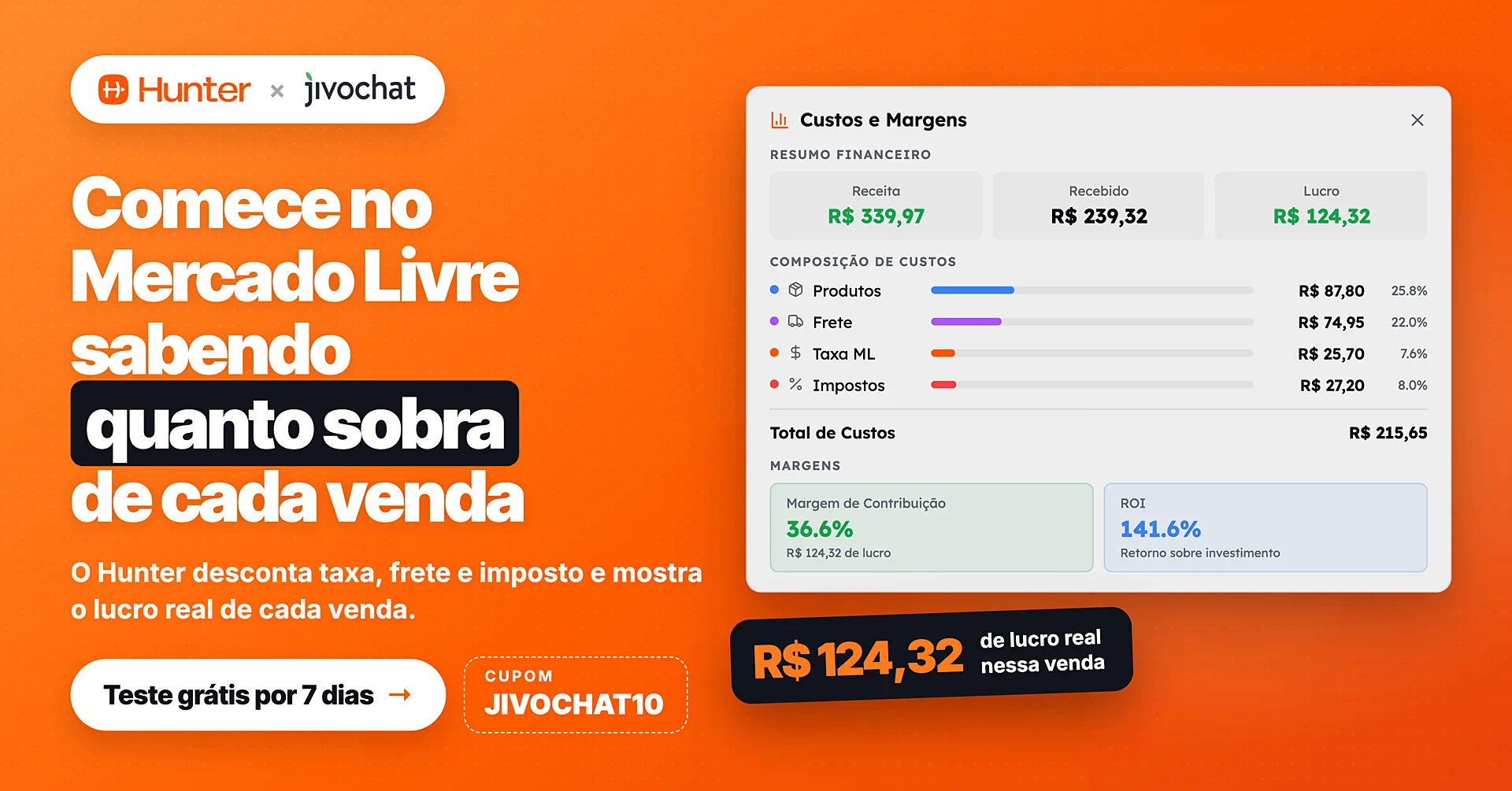 Banner Hunter Hub: comece no Mercado Livre sabendo quanto sobra de cada venda
