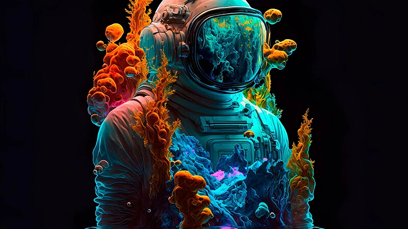 Duas imagens geradas por IA, um astronauta montado em um cavalo e uma raposa