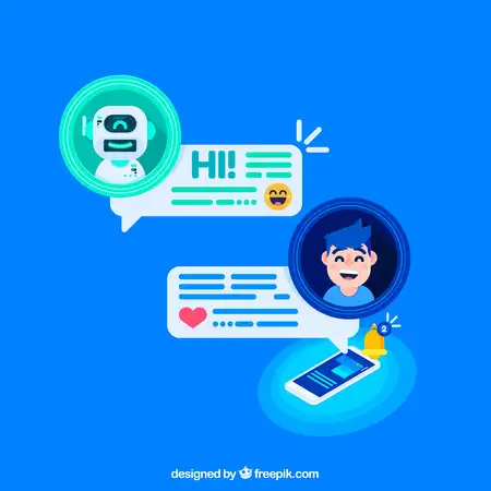 arte de um chat aberto em um celular e um robo respondendo