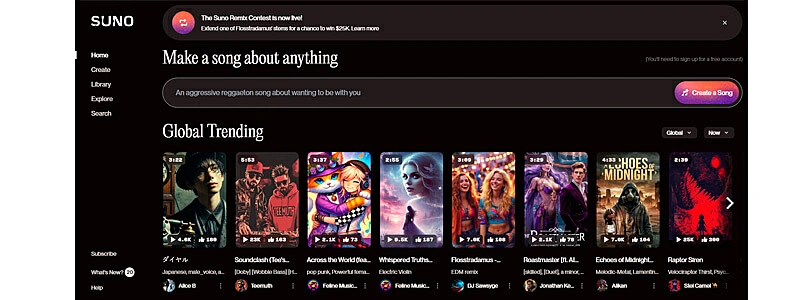 captura de tela do site de ia para fazer musica suno