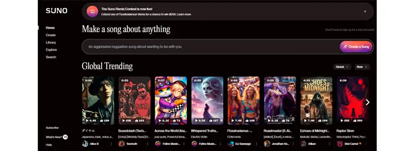5 captura de tela do site de ia para fazer musica suno