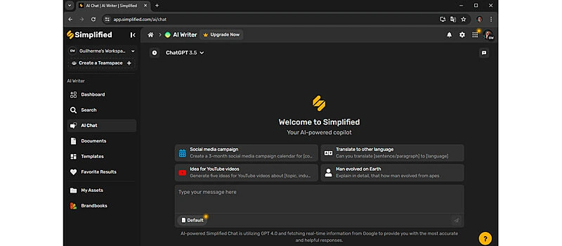 captura de tela da ia para criar textos simplified