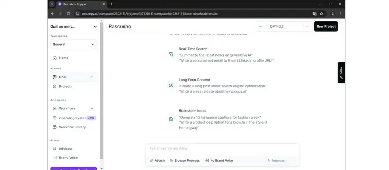 captura de tela da ia para criar textos copy.ai