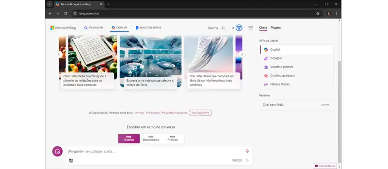 captura de tela da ia para criar textos copilot