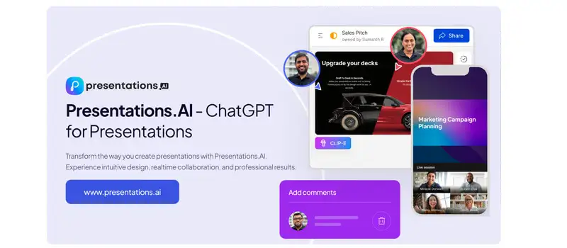  Captura de tela da ferramenta de IA para criar apresentação presentations.ai
