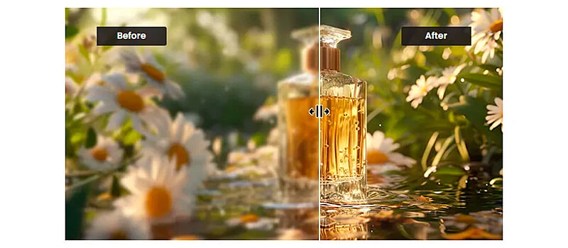 ia para melhorar imagens removendo o borrado de uma imagem de um perfume em meio a flores