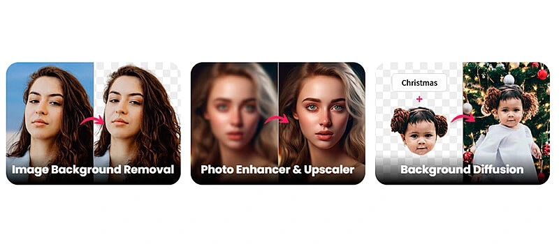 captura de tela mostrando as funcionalidades da ia para melhorar imagens do cutoutpro como removedor de plano de fundo, melhorador e upscaler de foto e adicionador de plano de fundo