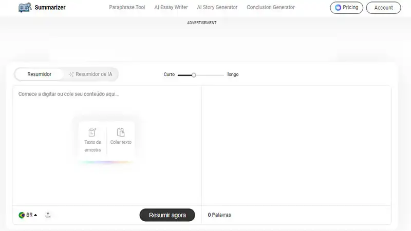 IA para resumir textos Captura de tela do Summarizer