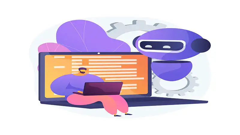 ilustraçao de uma pessoa sentada em um notebook, utilizando um outro notebook e um robo ao lado
