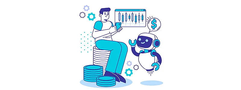 pessoa sentada ao lado de um robô que é uma ia para vendas com um balão de fala indicando dinheiro e um gráfico sendo analisado atras