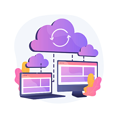 Ilustração de computadores sincronizando arquivos com armazenamento em nuvem.