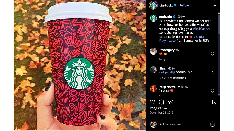 captura de tela que mostra uma foto do copo vencedor do concurso White Cup do Starbucks