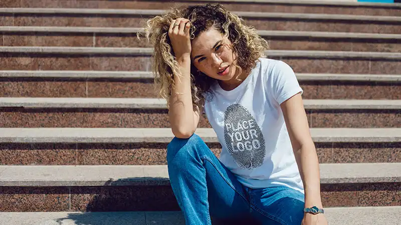 Foto de uma menina agachada com a mão no cabelo