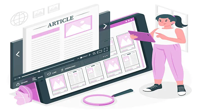 Ilustração de uma mulher lendo um artigo em um tablet e uma tela maior ao fundo