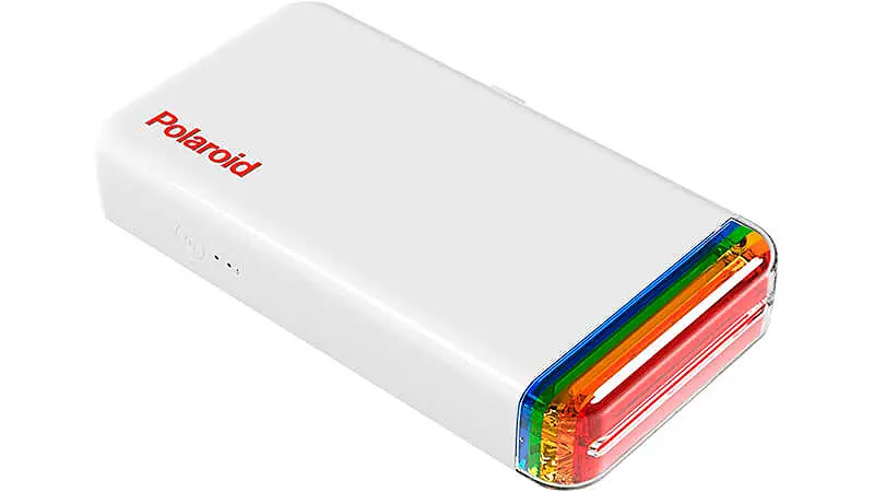 imagem de uma impressora portátil da Polaroid na cor branca com detalhes em colorido
