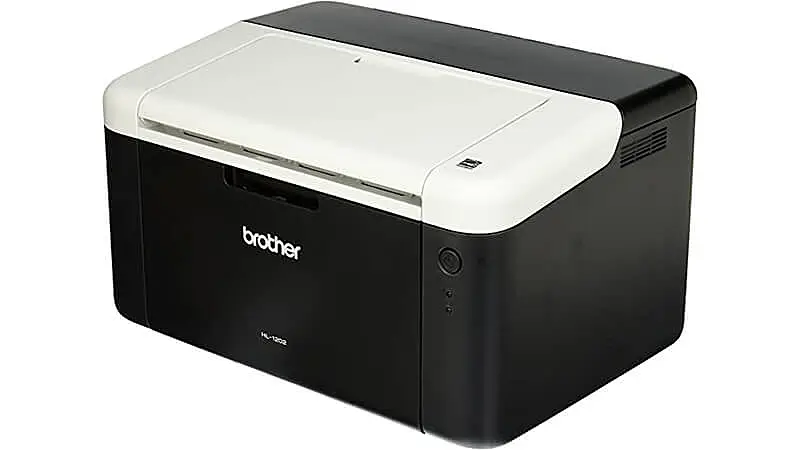 imagem de uma impressora Brother Laser HL1202 na cor preta com detalhes em branco