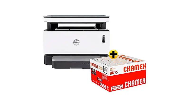 imagem de uma impressora HP Nerverstop na cor branca ao lado de uma caixa de de Chamex