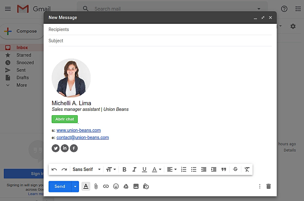 Exemplo de assinatura de e-mail com botão para iniciar chat