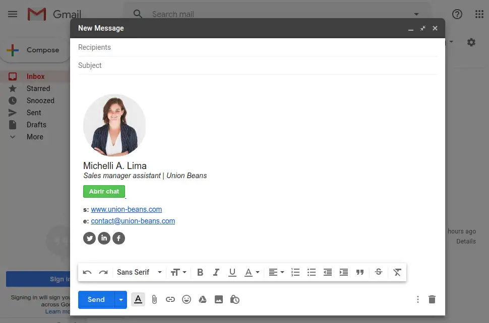 Exemplo de assinatura de e-mail com botão para iniciar chat