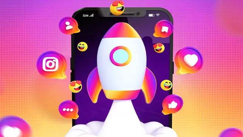 Ícone do aplicativo do Instagram acompanhado de um foguete