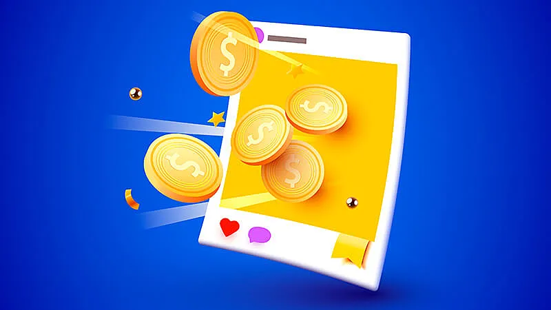 Ilustração de um celular com a logo do Instagram e uma pessoa carregando um saco de dinheiro