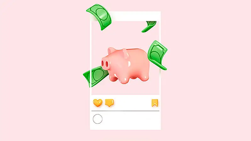Foto de um celular com a logo do Instagram e notas de dólar ao fundo
