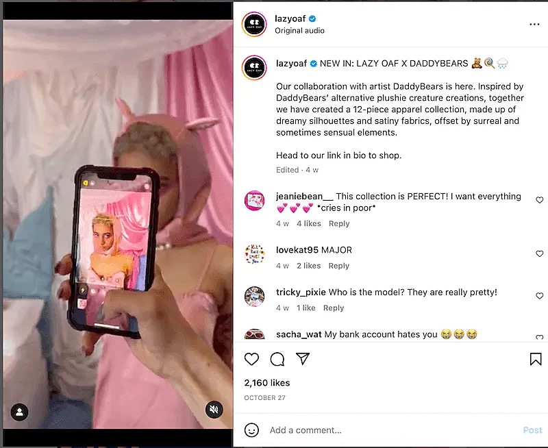 The image shows a post from Lazy Oaf Instagram whre there is a person holding a smartphone and taking a picture of someone.