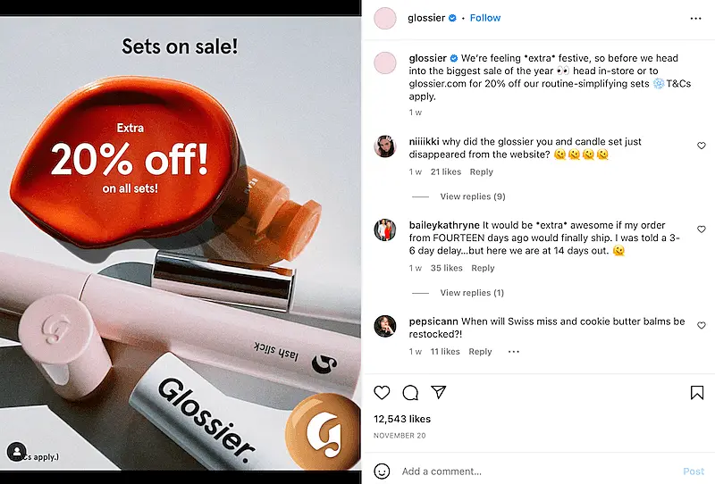 Glossier Instagram post showing a picture og the products and where it's written "Sets on sale! Extra 20% off on all sets".
