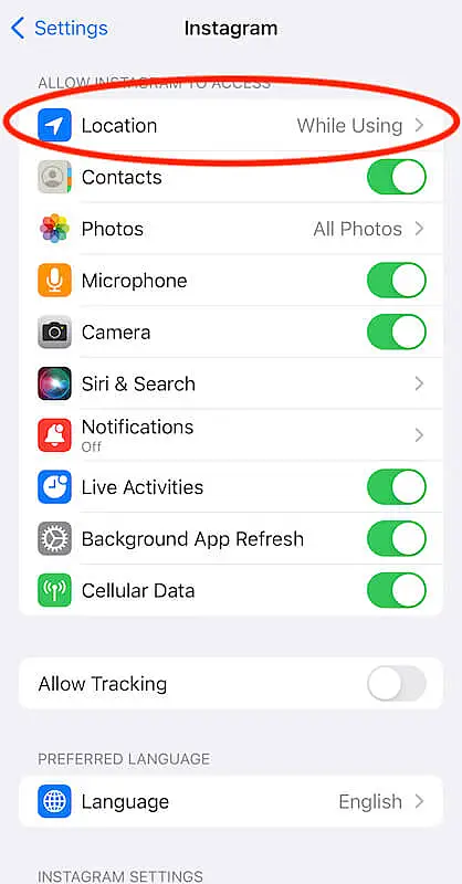 iPhone settings page
