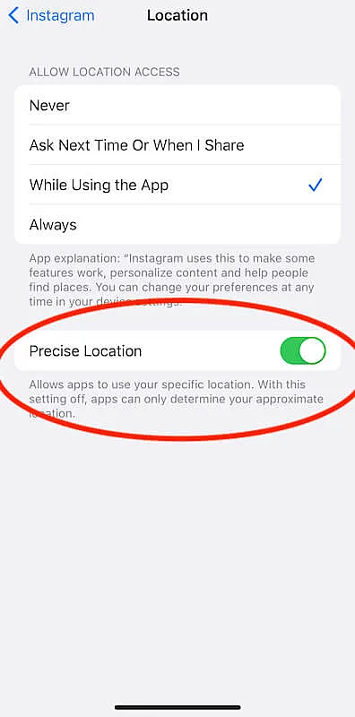 Instagram location settings