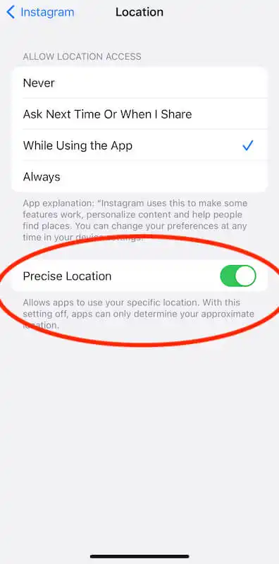 Instagram location settings