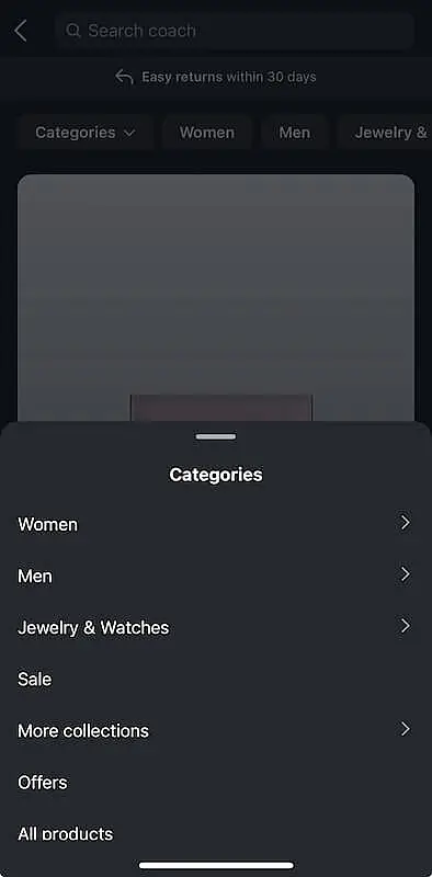 Coach Instagram shop categories