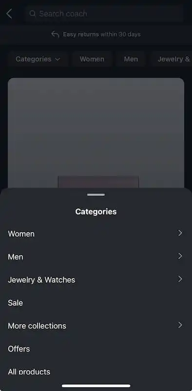 Coach Instagram shop categories