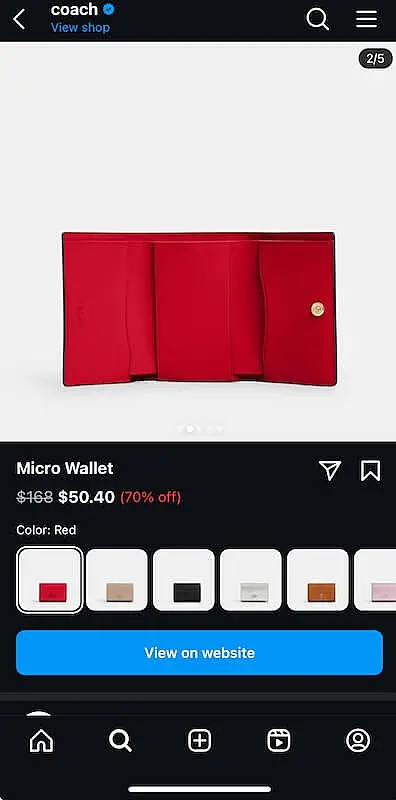 Coach wallet product page on Instagram
