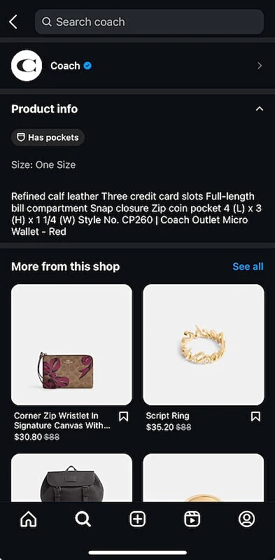 Coach wallet product info on Instagram