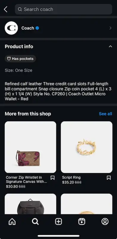 Coach wallet product info on Instagram