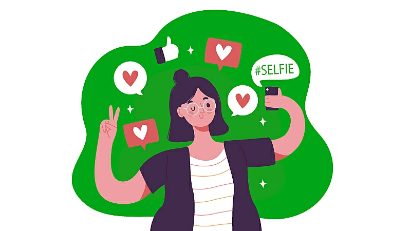 Imagem vetorizada de uma mulher segurando um celular para tirar uma selfie com vários ícones de curtida. 