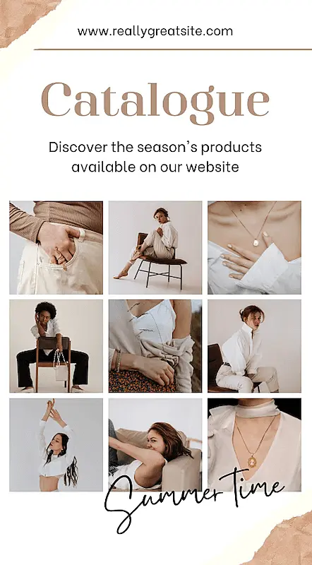 The image shows an Instagram story where there are 9 pictures organized in 3 lines, and they show products. In the image it's also written "Discover the season's products available on our website".