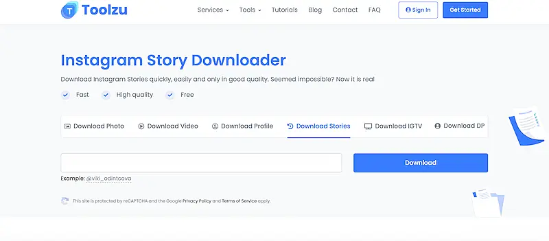 Toolzu Instagram story downloader page