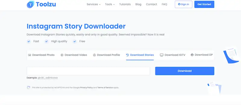 Toolzu Instagram story downloader page