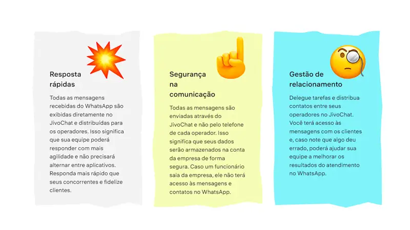 Três paineis com motivos para integrar o WhatsApp ao JivoChat