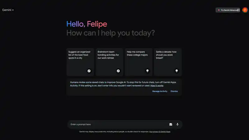 captura de tela que mostra o site de inteligência artificial Gemini