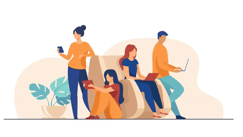 Ilustración de usuarios haciendo búsquedas en sus dispositivos móviles