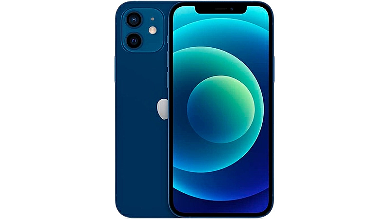 imagem que mostra a parte frontal e a traseira de um iPhone 12 de 128GB na cor azul 