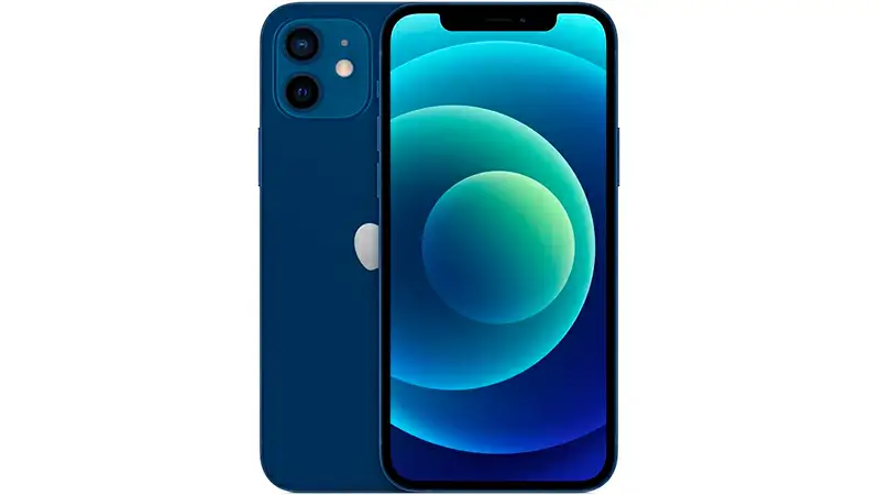 imagem que mostra a parte frontal e a traseira de um iPhone 12 de 128GB na cor azul 
