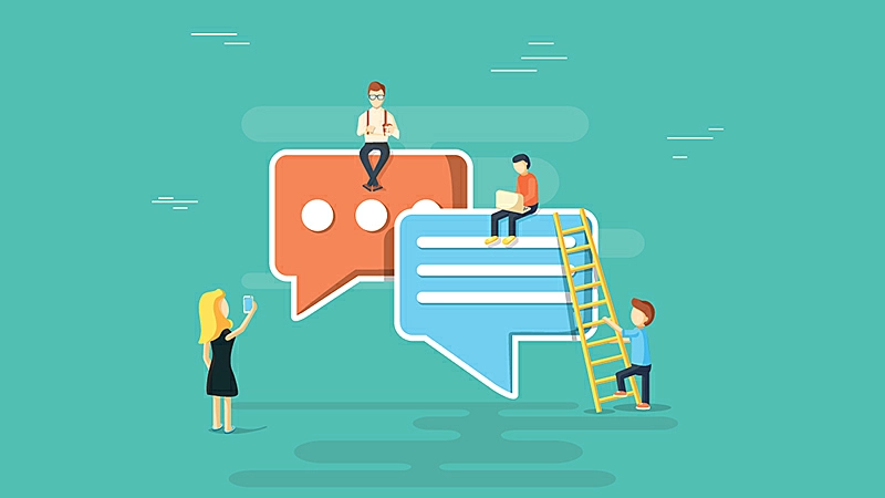 The image shows two people using computers sitting on dialogue balloons