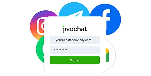 La imagen muestra la pantalla de inicio de sesión de JivoChat y los logos de redes sociales como Facebook e Instagram