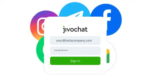 The image shows JivoChat sign in box, behind it there are the logo os some social media platforms, like Facebook, and Instagram.