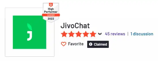 The image shows JivoChat high performer badge, and its 5 star reviews
